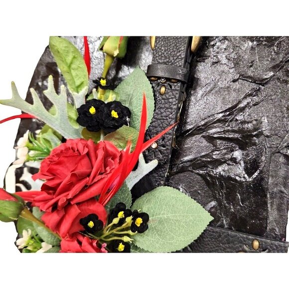 Artificial Floral Wreath With Red Roses & Greenery On Black Textured Base & Rope - Picture 8 of 14